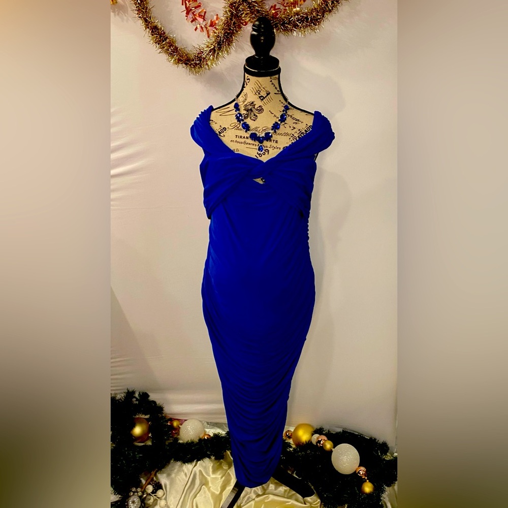 Club L London “Perfection” Cobalt Blue Off Shoulder Ruched Maternity Midi Dresss